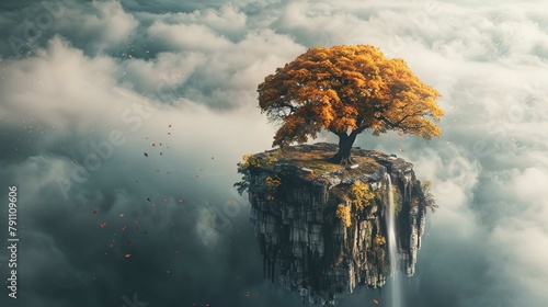 The image shows a large, vibrant orange-leafed tree atop a steep, rocky cliff. The cliff appears as a floating island above a dense sea of clouds. Some leaves are depicted as falling from the tree, dr photo