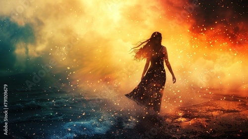 A silhouette of a woman wearing a flowing dress is seen walking along a surface that appears to resemble a wet beach at sunset or during some dramatic atmospheric condition. Her hair and dress are tra photo