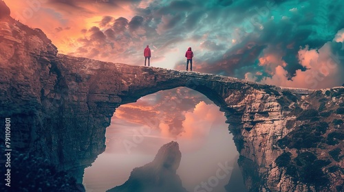 The image features a dramatic landscape with a large natural stone archway in the foreground, where two individuals stand apart on each peak of the arch. Both individuals are donning red jackets and f photo