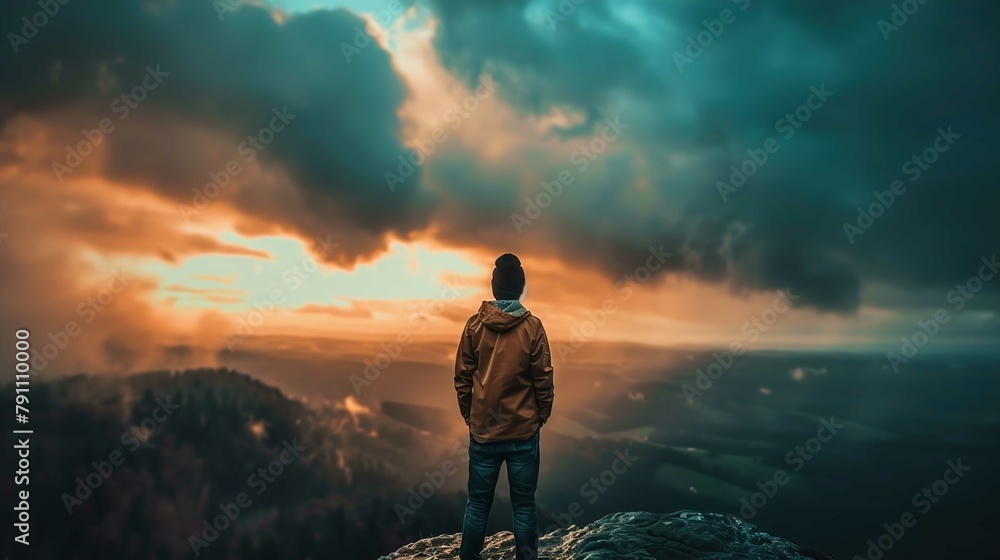 A person stands on a rocky outcrop, overlooking a vast forested landscape. The individual's posture suggests contemplation or admiration of the scene before them. They are dressed in casual, cool-weat