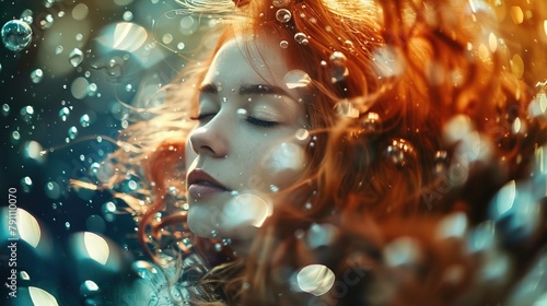 A close-up portrait of a young woman with her eyes closed, enveloped in an ethereal atmosphere with sparkling bokeh and floating water droplets surrounding her. The lighting casts a warm glow on her f