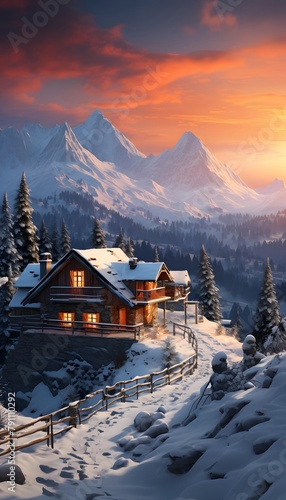 Winter mountain landscape with snow covered fir trees and wooden house at sunset