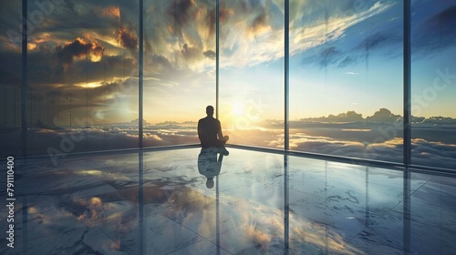 A solitary individual is seated cross-legged on a highly reflective floor inside a modern structure with vast glass panes from floor to ceiling. The sun is low on the horizon, casting a warm glow acro photo
