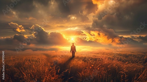 A solitary figure stands in a vast field of tall, golden grass under a dramatic sky. The sky is a spectacular display of clouds, with the sun breaking through to cast a warm, radiant light that bathes photo