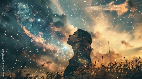 The image features the silhouette of a person's profile set against a captivating backdrop that transitions from a vibrant galaxy filled with stars and nebulae to a serene dusky sky. The individual se