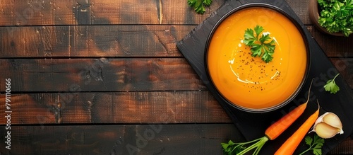 Top view copy space of pumpkin and carrot soup with cream and parsley displayed on a dark wooden background.
