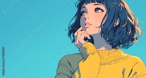 attractive woman looking confused and pensive  with her hand on the chin as she wears yellow sweater in front of blue background 