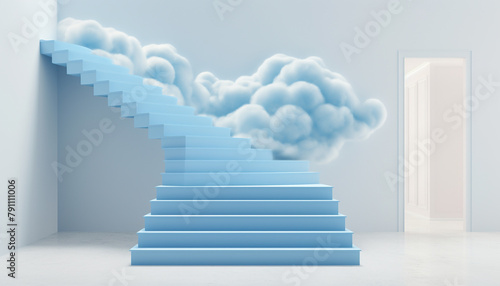 3D render blue cloud on top of white stairway. AI-Generated Image