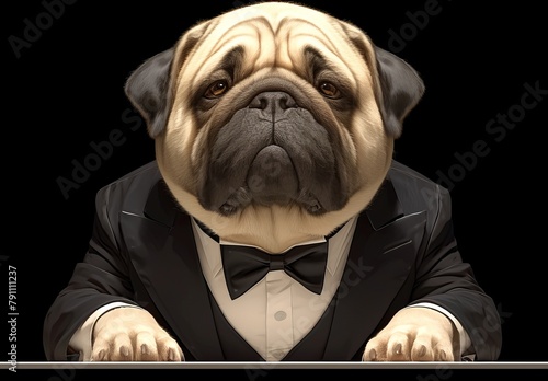 A pug dog in a tuxedo