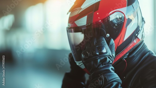 Motorcycle rider with red helmet and black gloves photo