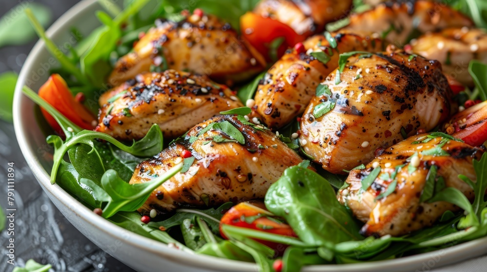 A tight shot of a plate filled with grilled chicken, vibrant vegetables, and a lush bed of lettuce A tight shot of a plate filled with grilled chicken, vibrant vegetables, and a lush bed of lettuce