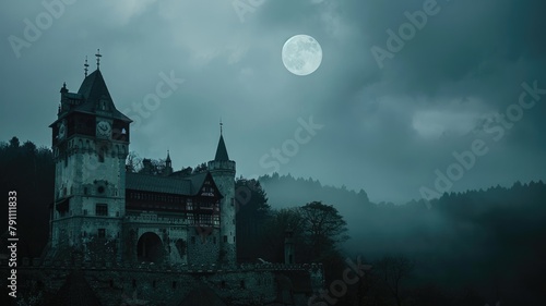 Moonlit castle on misty night with mysterious atmosphere