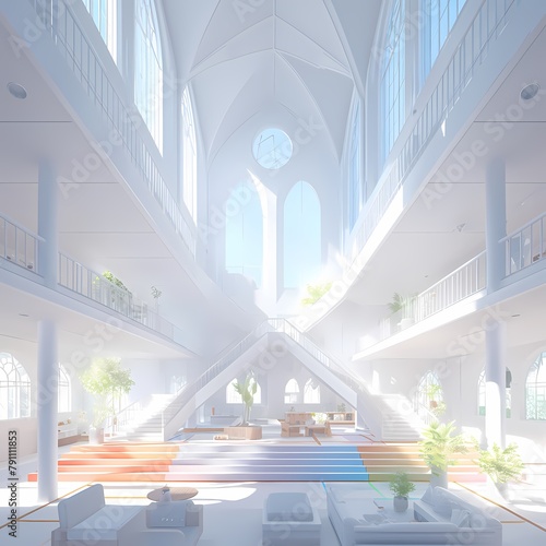 Breathtaking View of a Spacious, Cathedral-Inspired Galleria with Stained Glass and Arched Walkways photo