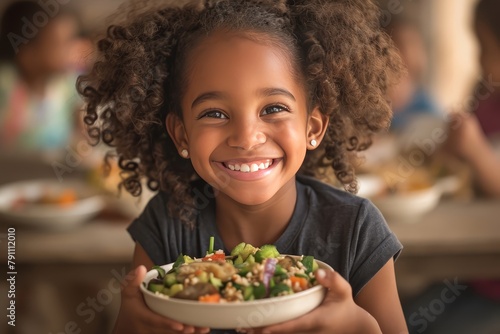 A smiling black girl holding her lunch tray at the school cafeteria  showcasing healthy food options like vegetables and fruit. 