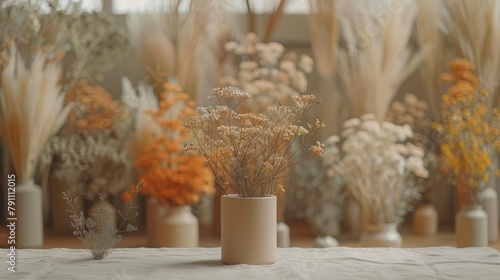  A table is set with several vases, each holding flowers A pristine white cloth covers the table's surface In the backdrop, a window reveals the outdoors