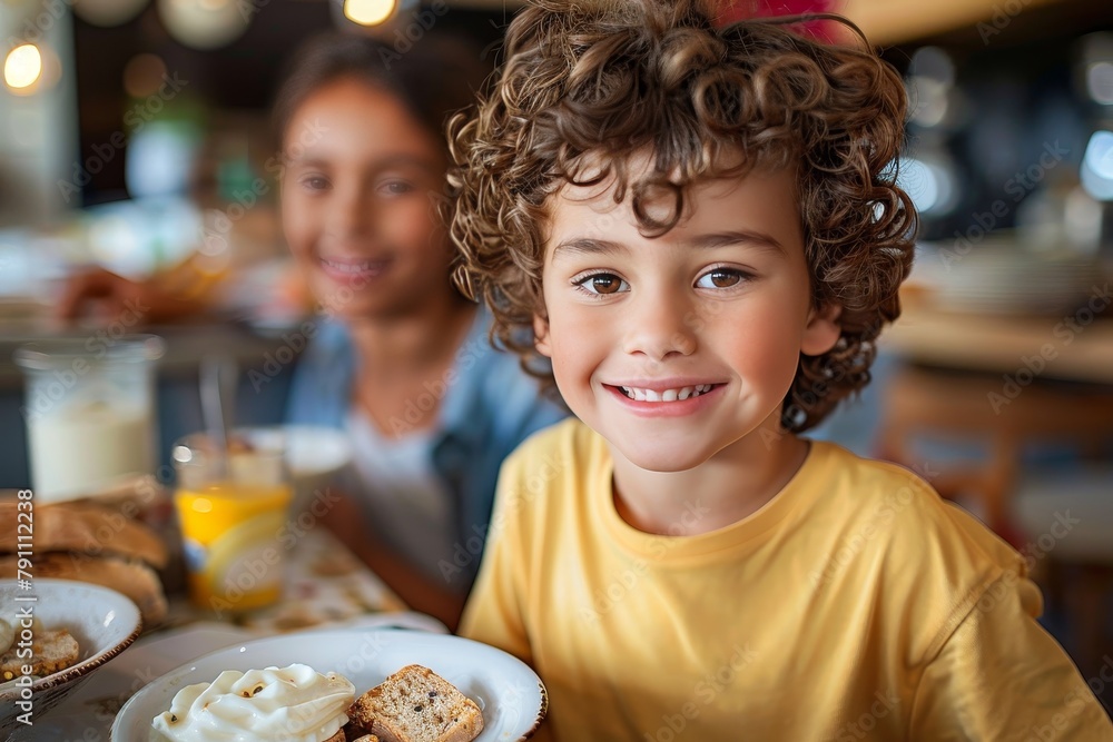 Naklejka premium Cheerful curly-haired boy enjoying breakfast, with a sister and family in the background