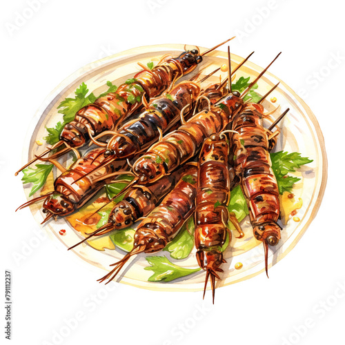 Watercolor Grilled Bug Skewers on a Plate Topped with Herbs © Cristiana S