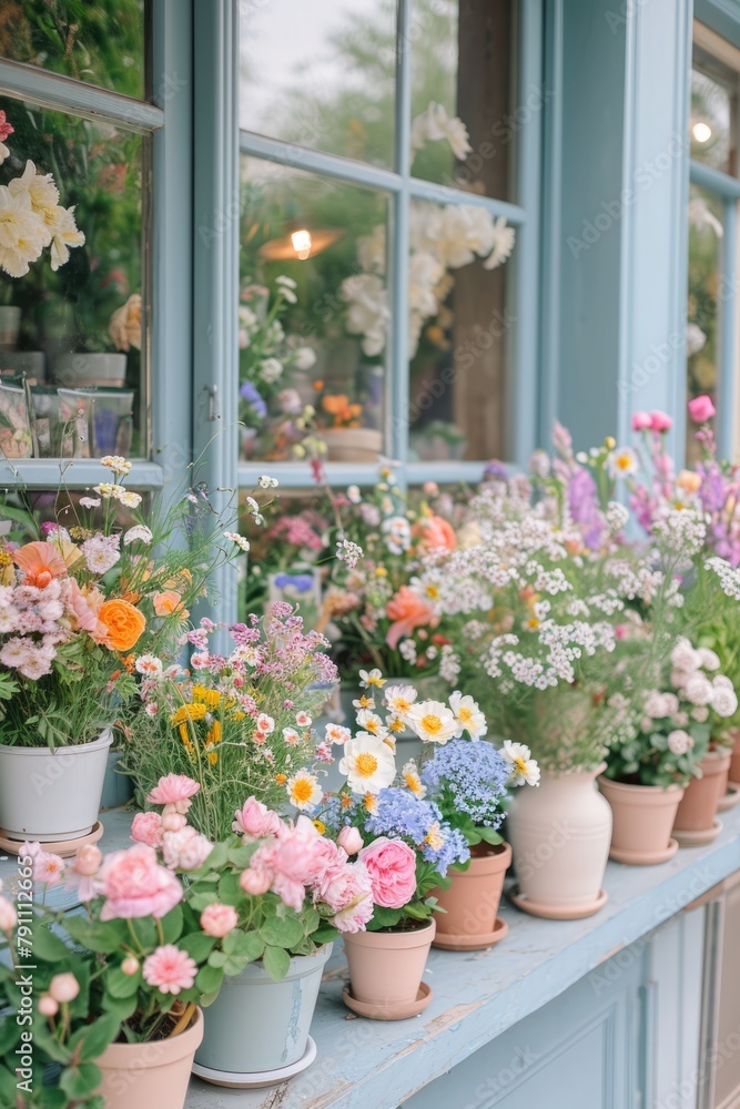 The exterior of a charming florist's shop is adorned with an array of colorful potted flowers, showcasing nature's palette in a cozy urban setting..