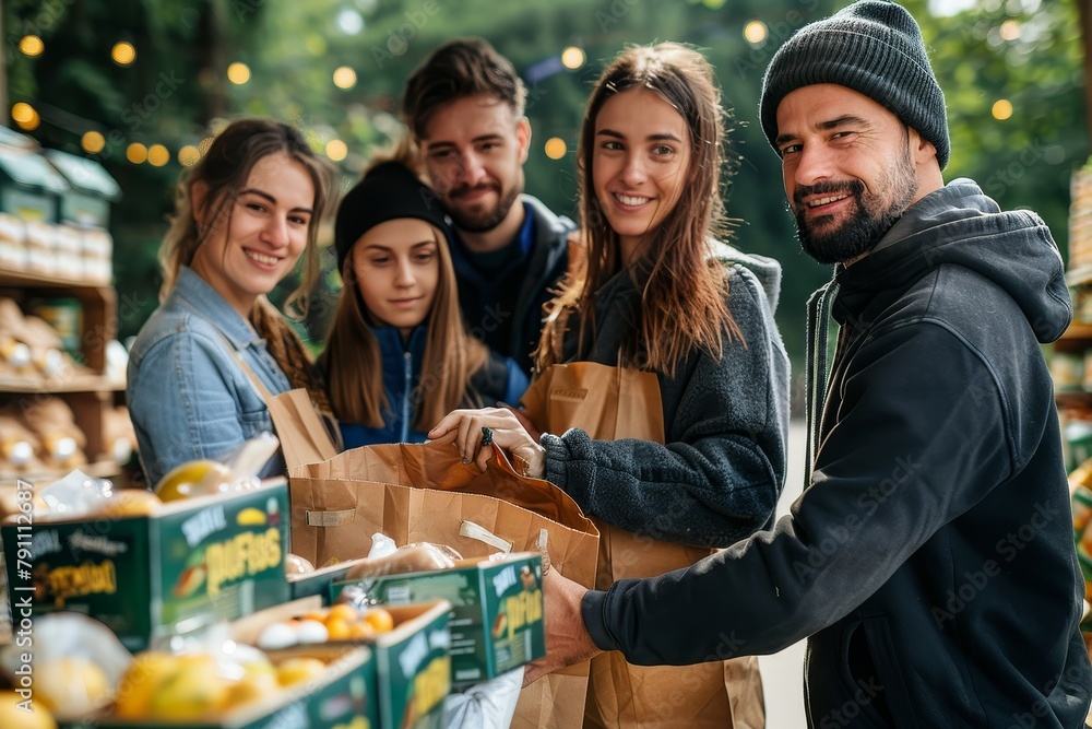 Obraz premium Group of young friends bonding over picking out groceries at a market stall