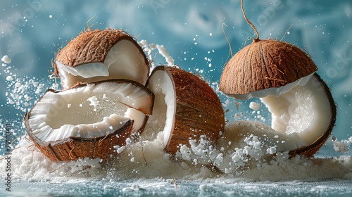   A couple of coconuts atop a heap by a body of water photo