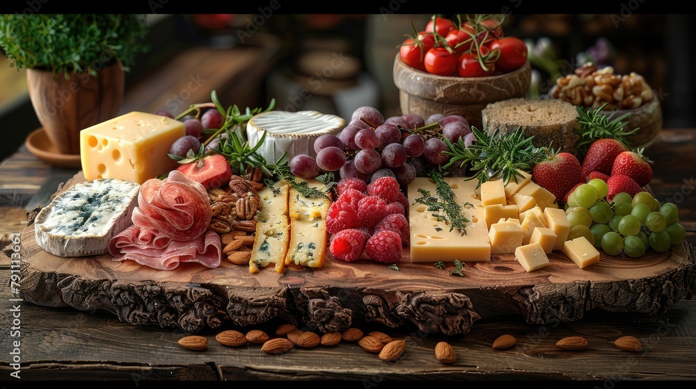 Artisanal cheese platter with a variety of cheeses, fruits, and nuts, arranged beautifully on a rustic wooden board