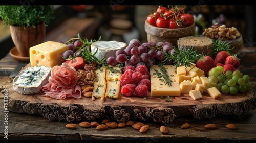 Artisanal cheese platter with a variety of cheeses, fruits, and nuts, arranged beautifully on a rustic wooden board