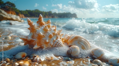 Artistic composition of seashells and driftwood on a sandy beach