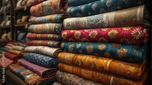 Beautiful silk fabrics in a bustling marketplace, 4k, ultra hd photo