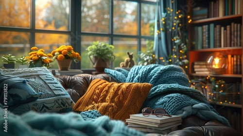 Cozy reading nook with a stack of books and reading glasses