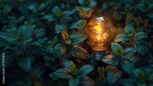 Eco-Friendly Lightbulb from Fresh Leaves Top View, Concept of Renewable Energy and Sustainable Living, Created with Generative AI Technology photo