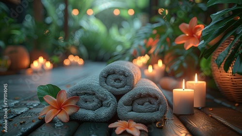 Luxurious spa setting with candles  soft lighting  and plush towels  inviting relaxation and serenity