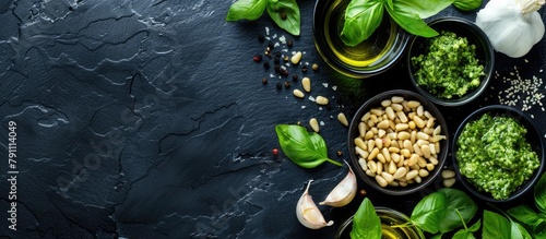 Ingredients for an Italian recipe of green basil pesto displayed on a black chalkboard background from a top-down perspective. The ingredients include Parmesan cheese, basil leaves, pine nuts,