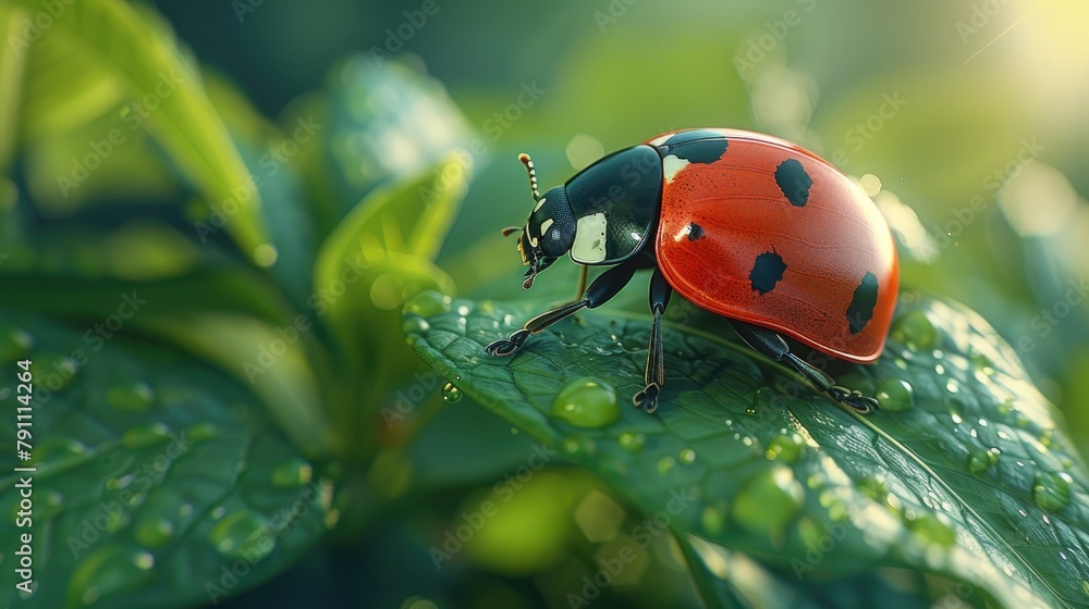 Fototapeta premium A close-up of a ladybug crawling on a plant leaf