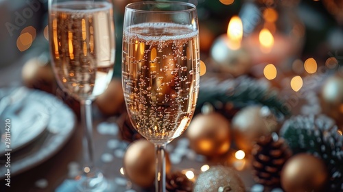 Sparkling crystal glasses filled with champagne on a festive table setting photo