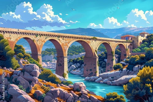 An AI-generated illustration of Pont du Gard nestled among natural rocky landscapes, under a calm blue sky. AI Generated.