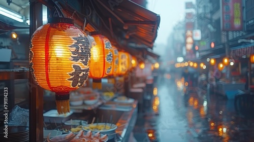 A bustling night market in Taipei, Taiwan, with lanterns and street food vendors, 4k, ultra hd
