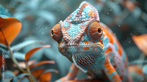 A close-up of a chameleon blending into its surroundings