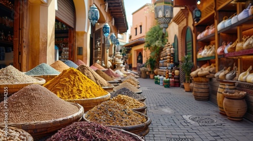 A bustling street market in Marrakesh, Morocco, with colorful spices and traditional lamps, 4k, ultra hd photo