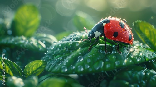 A close-up of a ladybug crawling on a plant leaf