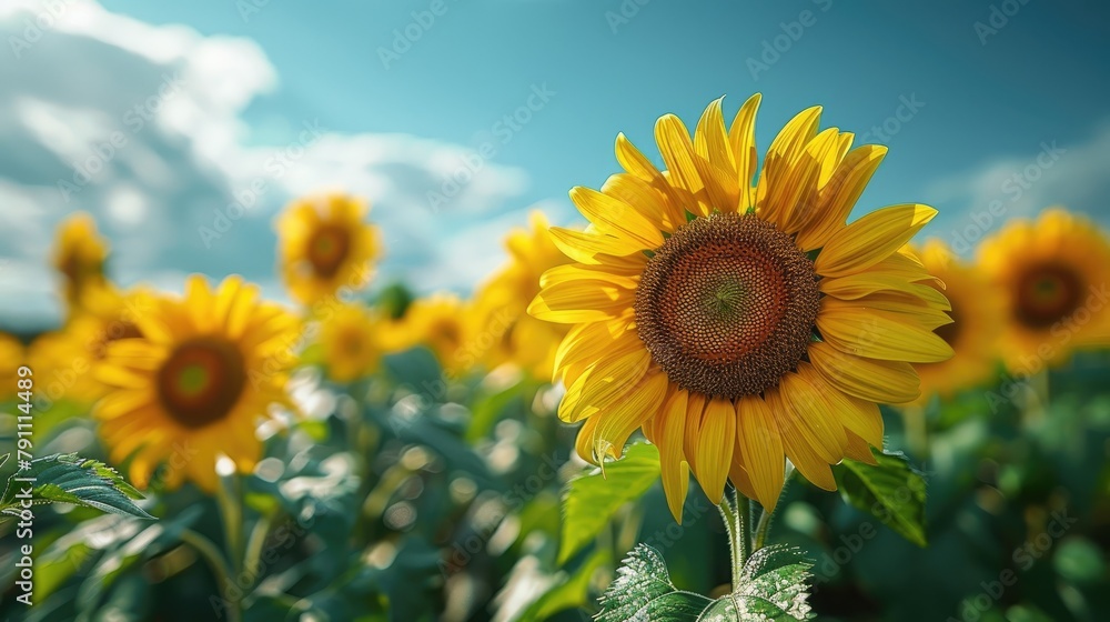 A field of sunflowers swaying in the gentle breeze under a clear blue sky