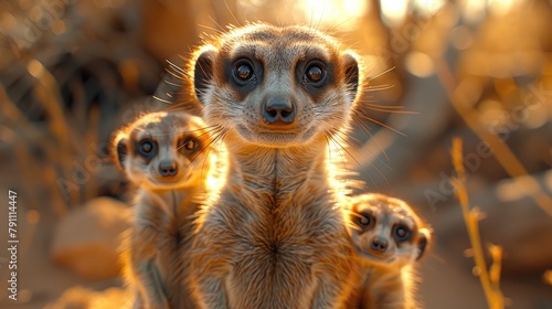 A family of meerkats standing guard in the African savannah photo
