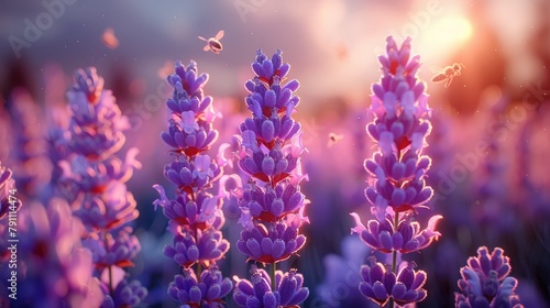 A field of blooming lavender with bees buzzing around photo