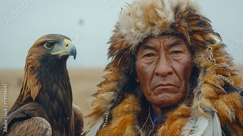 A Mongolian eagle hunter in traditional attire with his golden eagle, 4k, ultra hd