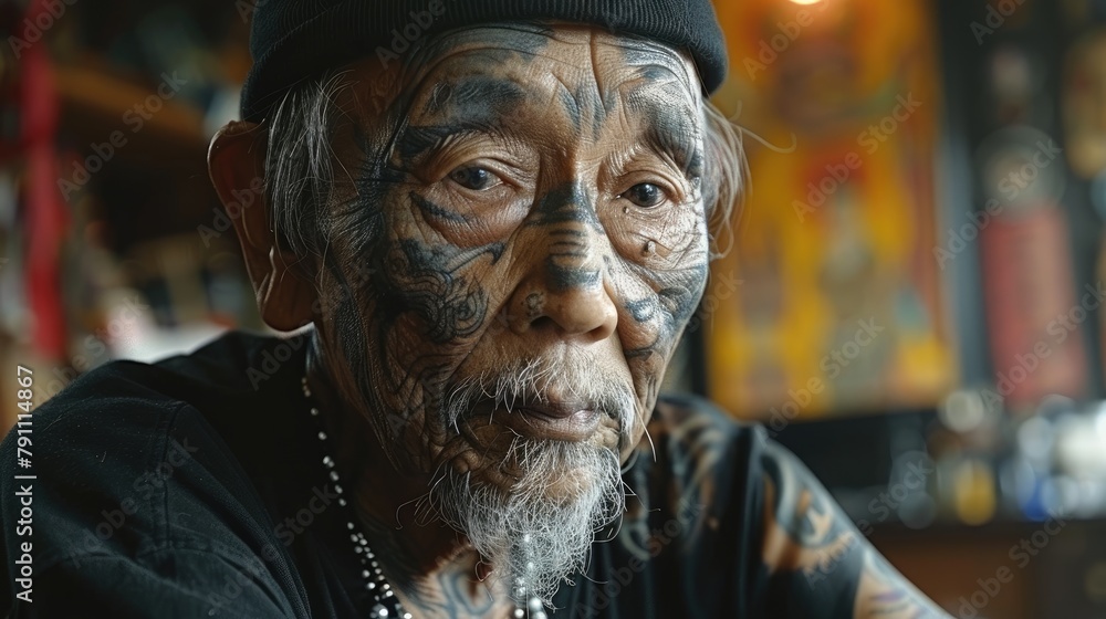 A traditional Kalinga tattoo artist in the Philippines creating designs with traditional methods, 4k, ultra hd