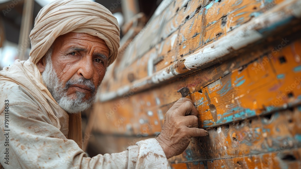 A traditional Omani Dhow builder at work in Sur, Oman, 4k, ultra hd