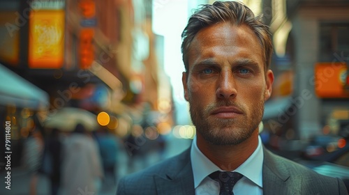 A sophisticated man in a tailored suit walking through a bustling city street