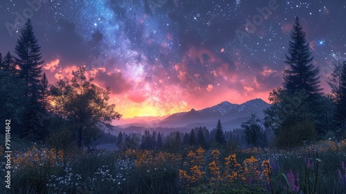 A star-filled night sky above a tranquil meadow