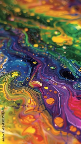 Fluid acrylic pours in rainbow colors, creating organic, mesmerizing patterns 