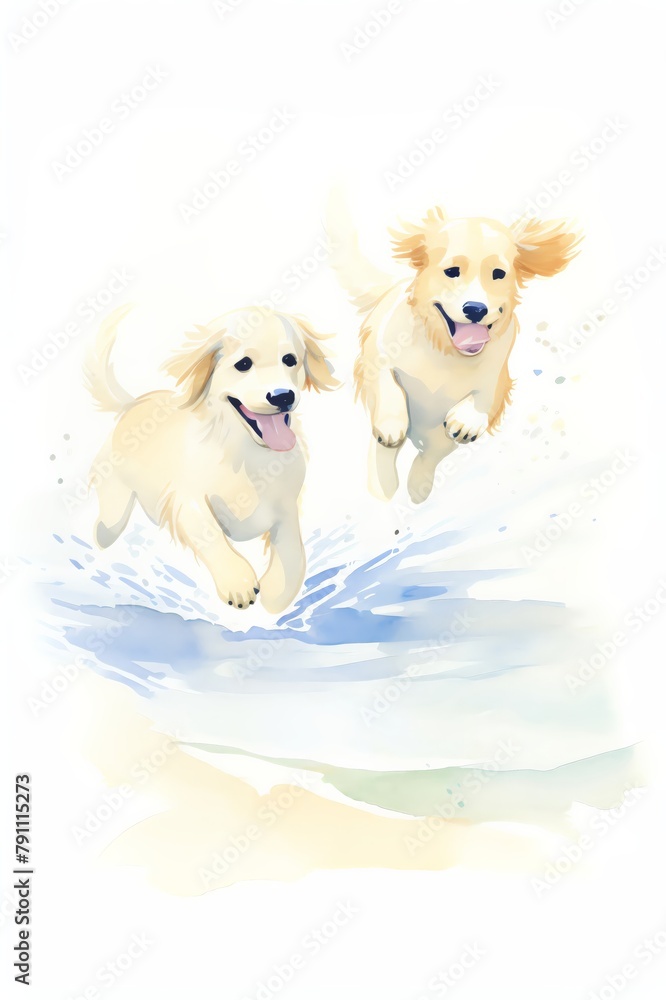 Action shot of dogs playing fetch at the beach, great for a recreational room or casual living space, depicting the playful nature and boundless energy of dogs Action shot of dogs playing fetch at the beach, great for a recreational room or casual living space, depicting the playful nature and boundless energy of dogs