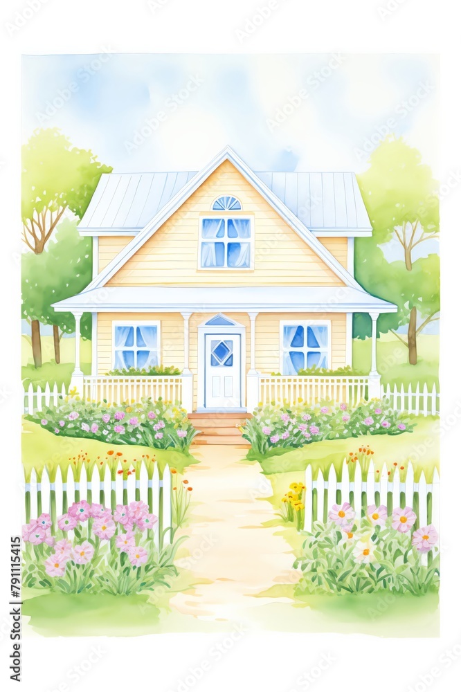 Classic farmhouse with a flower garden painting, ideal for a bedroom or sitting area, creating a cozy, welcoming environment that evokes comfort and simplicity